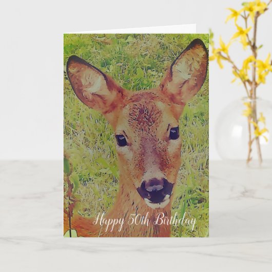かわいい鹿50歳の誕生日 カード (黄色い花)