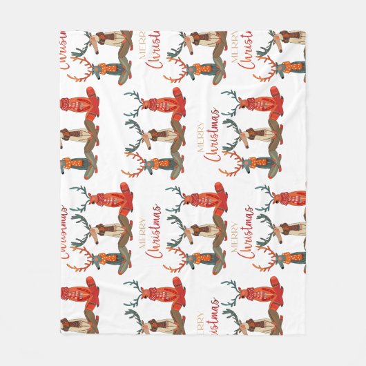 かわいい鹿。スカーフのクリスマスディアー。フェスティバル気分 フリースブランケット (正面)
