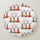 かわいい鹿。スカーフのクリスマスディアー。フェスティバル気分 ラウンドクッション (裏面)