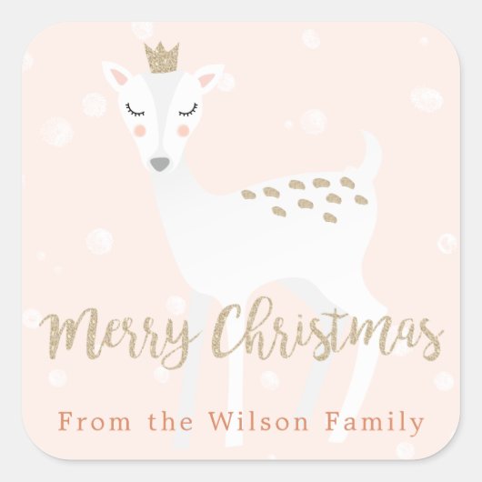 かわいい鹿 |ピンクのパーソナライズされたクリスマスステッカー スクエアシール (正面)