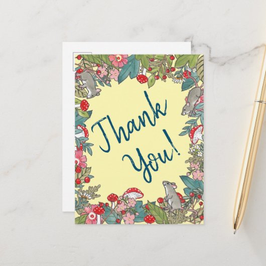 かわいい黄色ありがとうネズミマウスウッドランド ポストカード (正面/裏面インサイチュ)