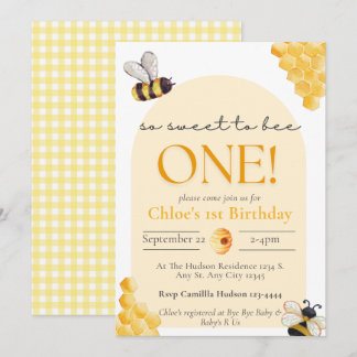かわいい黄色いギンガムチェックの「Sweet To Bee」1歳の誕生日 招待状