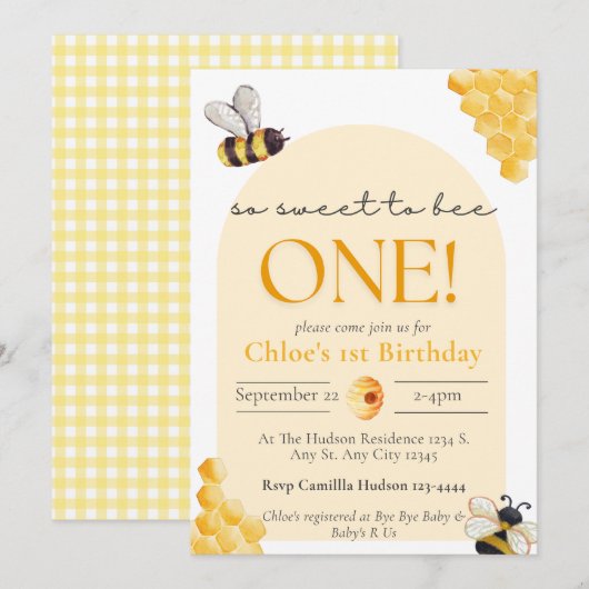 かわいい黄色いギンガムチェックの「Sweet To Bee」1歳の誕生日 招待状 (正面/裏面)