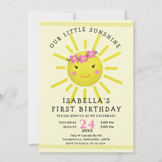 かわいい黄色いサンシャインの誕生日パーティー 招待状 (正面)