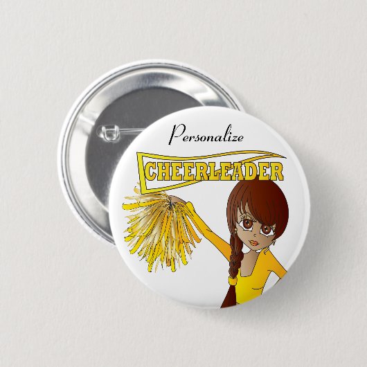 かわいい黄色いチアリーダーの女の子をパーソナライズ 缶バッジ (正面&裏面)