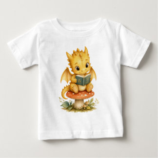 かわいい黄色いベビードラゴン+きのこ+読書+子供たち ベビーTシャツ