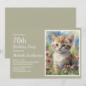 かわいい黄色い子猫の水彩画、70歳の誕生日 招待状 (正面/裏面)