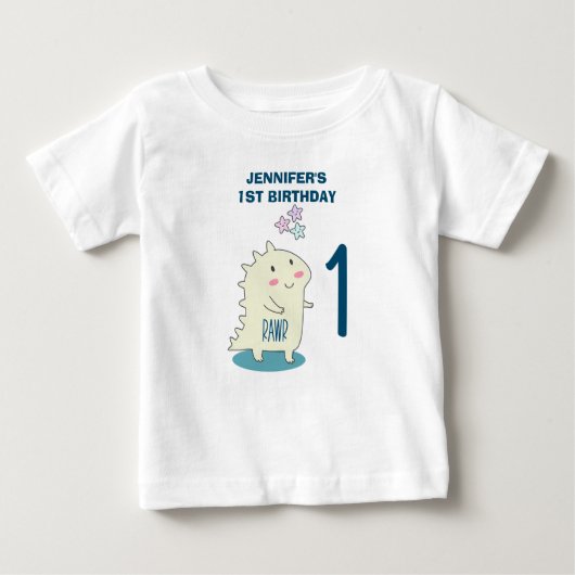 かわいい黄色い笑顔の恐竜1歳の誕生日 ベビーTシャツ (正面)