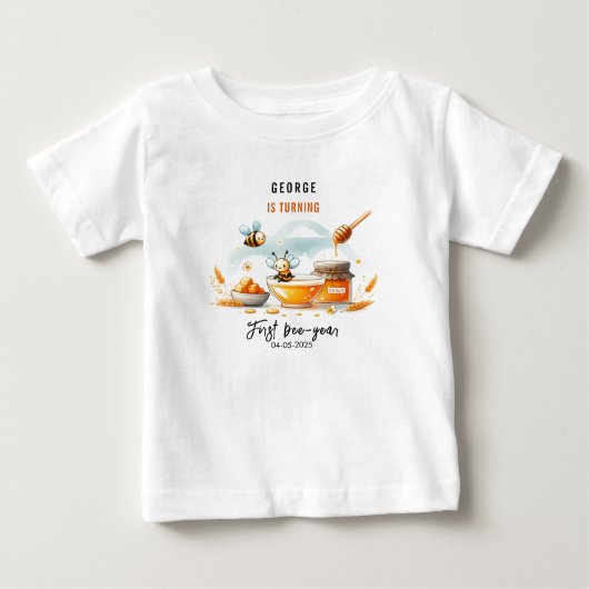 かわいい黄色い蜂とひまわりの1st Bee-Day 誕生日 ベビーTシャツ (正面)