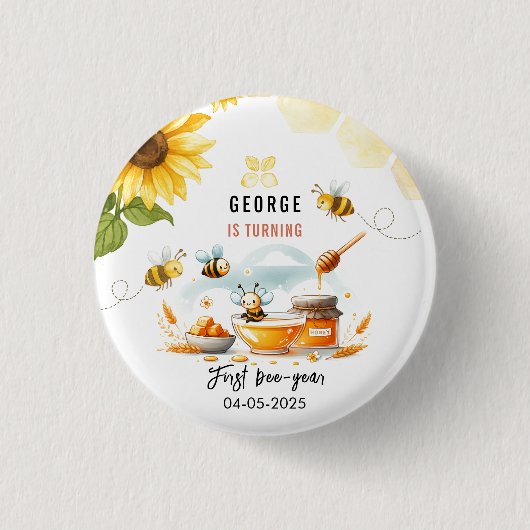 かわいい黄色い蜂とひまわりの1st Bee-Day 誕生日 缶バッジ (正面)
