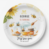 かわいい黄色い蜂とひまわり 初めてのBee-Day 誕生日 ペーパープレート (正面)
