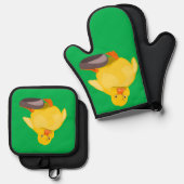 かわいい黄色おもしろいアヒルのオーブンミット&ポットホルダーセット 鍋つかみ&鍋敷きセット (正面/裏面)