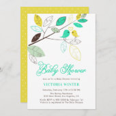 かわいい黄色とアクアバード植物性ベビーシャワー 招待状 (正面/裏面)