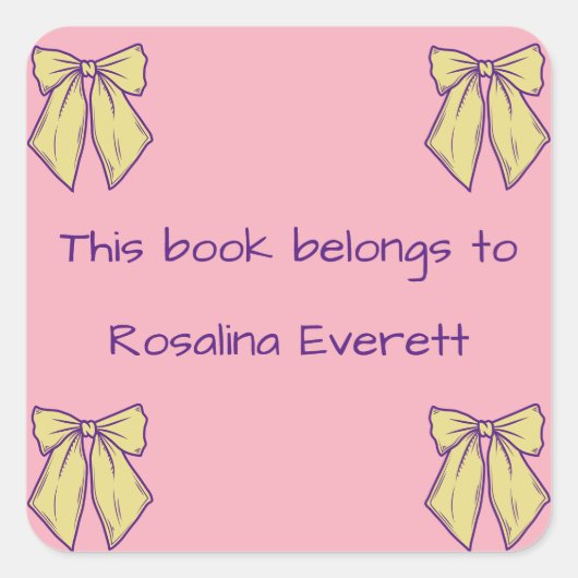 かわいい黄色とピンクの弓ガールズ名キッズ スクエアシール (正面)