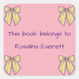 かわいい黄色とピンクの弓ガールズ名キッズ スクエアシール