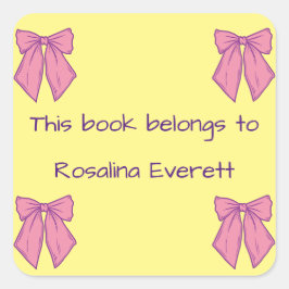 かわいい黄色とピンクの弓ガールズ名キッズ スクエアシール