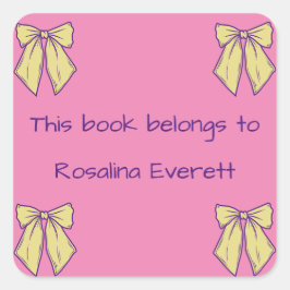 かわいい黄色とピンクの弓ガールズ名キッズ スクエアシール