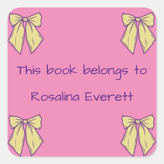 かわいい黄色とピンクの弓ガールズ名キッズ スクエアシール (正面)