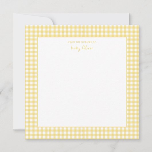 かわいい黄色と白いギンガムベビーシャワー サンキューカード (正面)