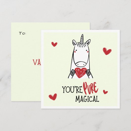 かわいい黄色と赤いハートのユニコーン子供向けバレンタインデー ノートカード (正面/裏面)
