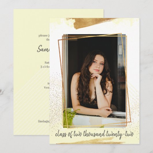 かわいい黄色と金のフレームの卒業招待状 招待状 (正面/裏面)