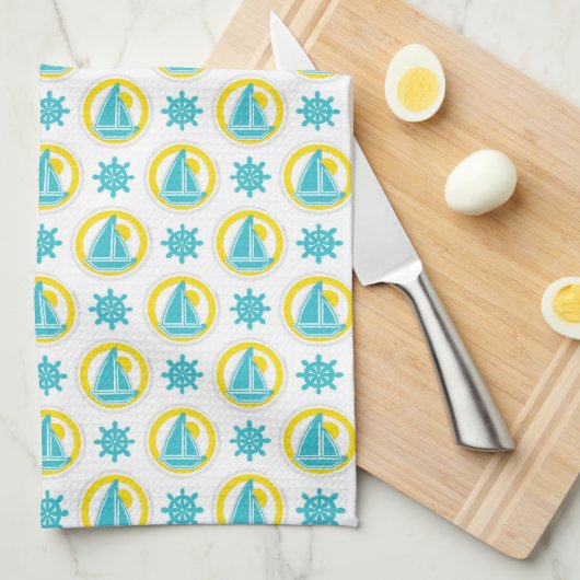 かわいい黄色と青のパタ航海のーン キッチンタオル (四つ折り)