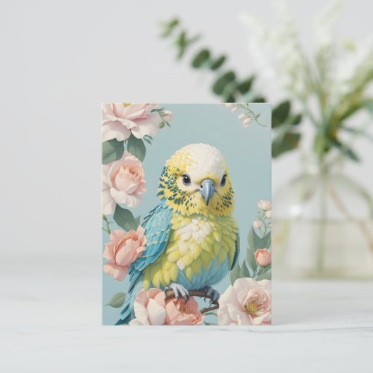 かわいい黄色と青のベビーブッジインパレーケットバード ポストカード (スタンド正面)