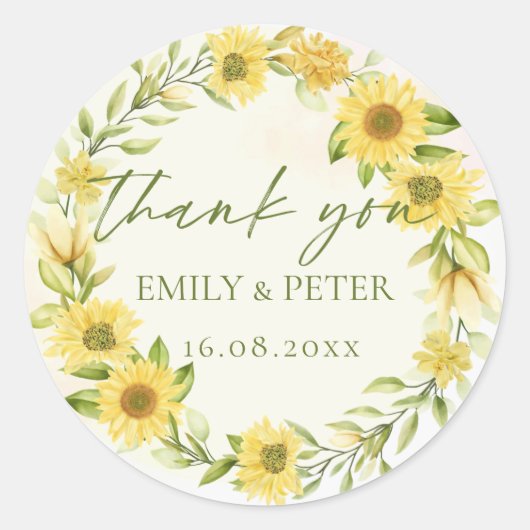 かわいい黄色のひまわり結婚フローラありがとう ラウンドシール (正面)