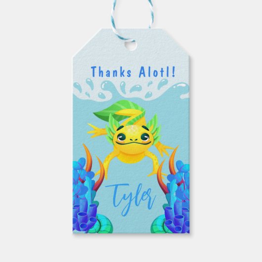 かわいい黄色のアクソロトル少年の誕生日パーティー ギフトタグ (正面)