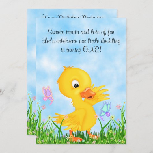 かわいい黄色のアヒルと蝶の1st誕生日 招待状 (正面/裏面)