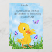 かわいい黄色のアヒルと蝶の1st誕生日 招待状 (正面/裏面)