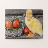 かわいい黄色のアヒルのイースターエッグネスト水色 ジグソーパズル (横)