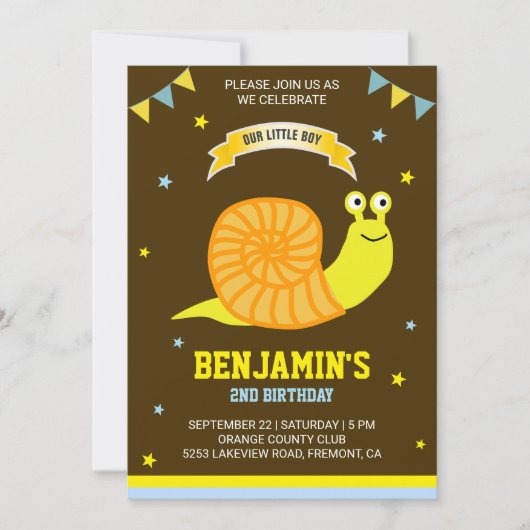 かわいい黄色のカタツムリの子供の誕生日パーティー招待状 招待状 (正面)