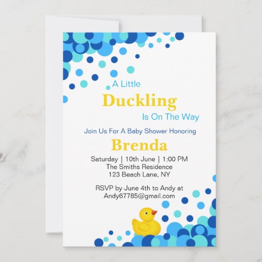 かわいい黄色のゴムアヒル | 青い泡の色 招待状 (正面)