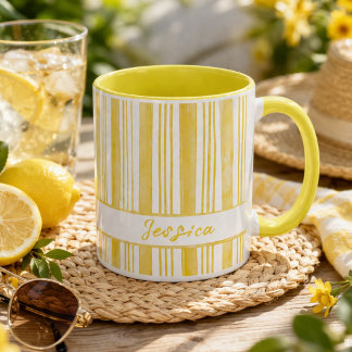かわいい黄色のストライプ オーダーネーム コーヒー マグカップ