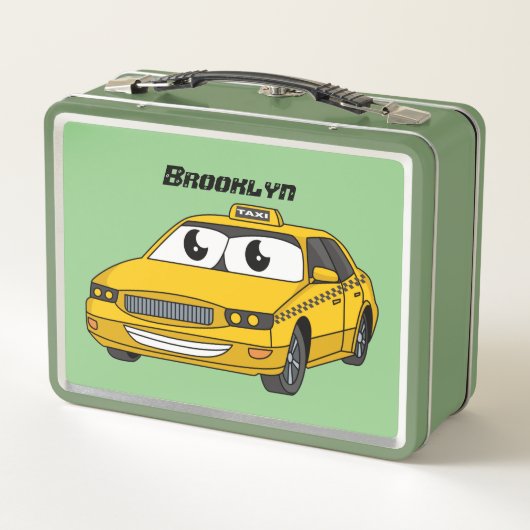 かわいい黄色のタクシーおもしろい漫画イラストレーション メタルランチボックス (裏面)