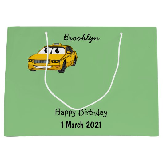 かわいい黄色のタクシーおもしろい漫画イラストレーション ラージペーパーバッグ (正面)