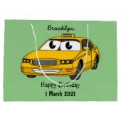 かわいい黄色のタクシーおもしろい漫画イラストレーション ラージペーパーバッグ (裏面)