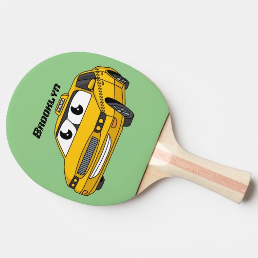かわいい黄色のタクシーおもしろい漫画イラストレーション 卓球ラケット (横)