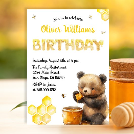 かわいい黄色のハチミツクマの誕生日パーティー 招待状