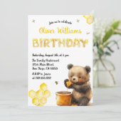 かわいい黄色のハチミツクマの誕生日パーティー 招待状 (スタンド正面)