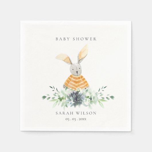 かわいい黄色のバニーガーデンの葉の赤ちゃんシャワー スタンダードカクテルナプキン (正面)