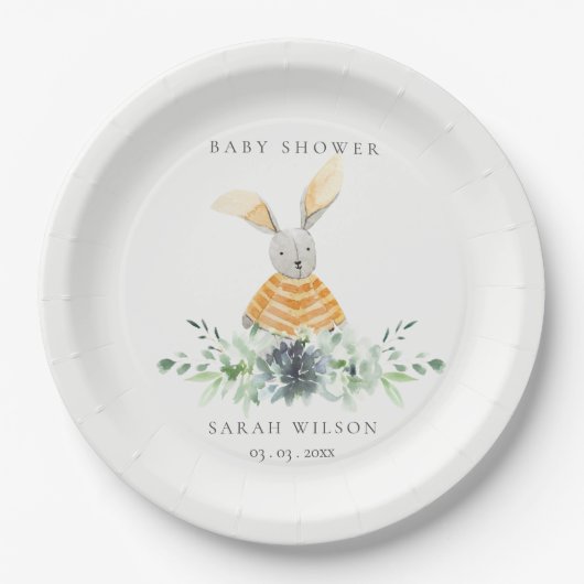 かわいい黄色のバニーガーデンの葉の赤ちゃんシャワー ペーパープレート (正面)