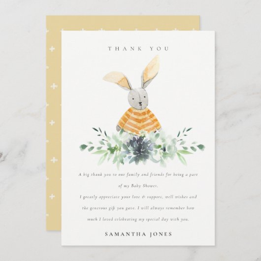かわいい黄色のバニーガーデンサボテン葉ベビーシャワー サンキューカード (正面/裏面)