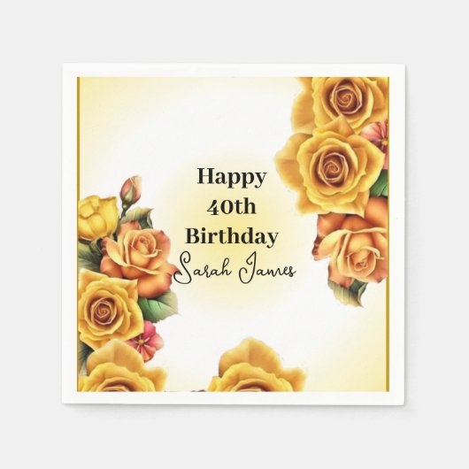 かわいい黄色のバラ40歳の誕生日 スタンダードカクテルナプキン (正面)