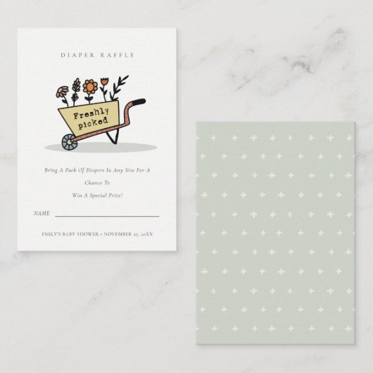 かわいい黄色のフローラカートおむつラッフルベビーシャワー エンクロージャーカード (正面/裏面)