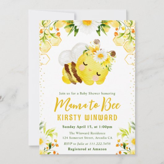 かわいい黄色のフローラハニービー赤ちゃんシャワー 招待状 (正面)