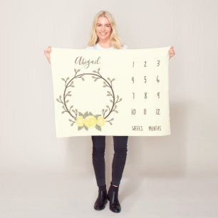 かわいい黄色のフローラリースベビーマイルストーン フリースブランケット