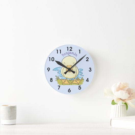 かわいい黄色のベビーアヒルマンガイラストレーション ラウンド壁時計 (ホーム)