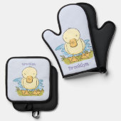 かわいい黄色のベビーアヒル漫画イラストレーション 鍋つかみ&鍋敷きセット (正面/裏面)